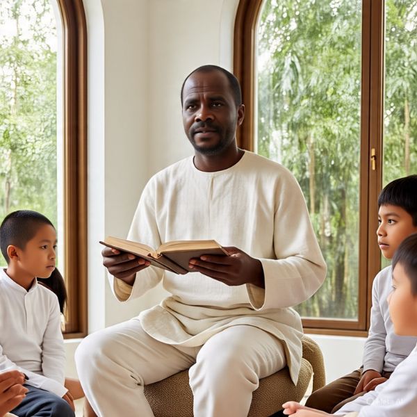a mentor gently guiding a small group of diverse children (600 x 600 px)